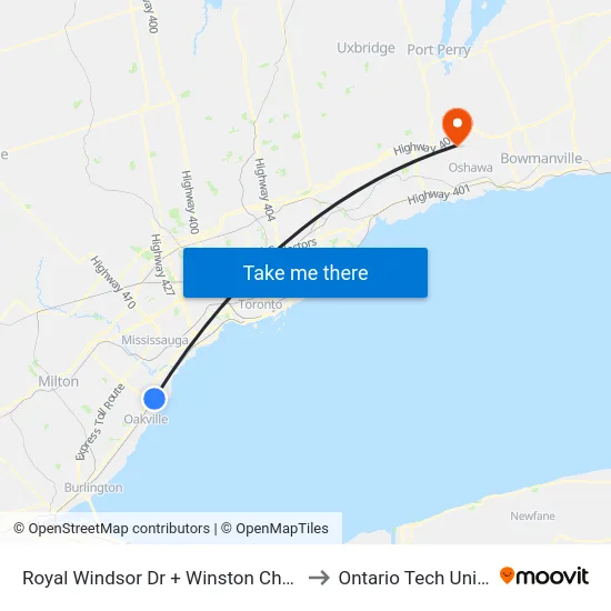 Royal Windsor Dr + Winston Churchill Blvd to Ontario Tech University map