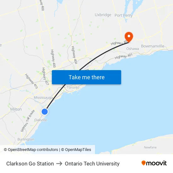 Clarkson Go Station to Ontario Tech University map