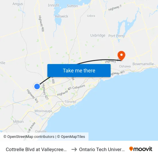 Cottrelle Blvd at Valleycreek Dr to Ontario Tech University map