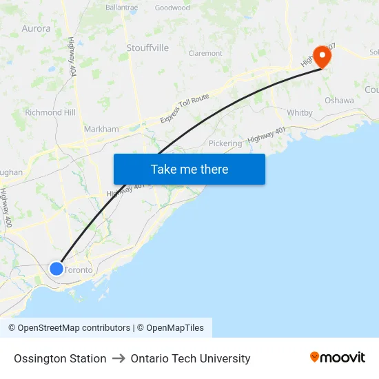 Ossington Station to Ontario Tech University map