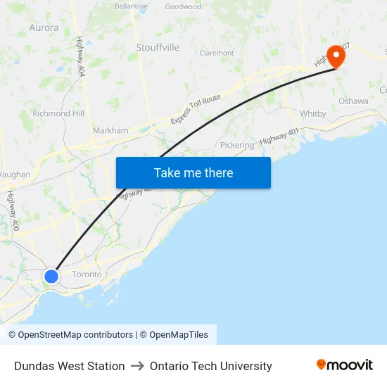 Dundas West Station to Ontario Tech University map