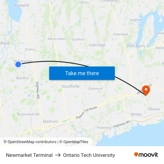 Newmarket Terminal to Ontario Tech University map