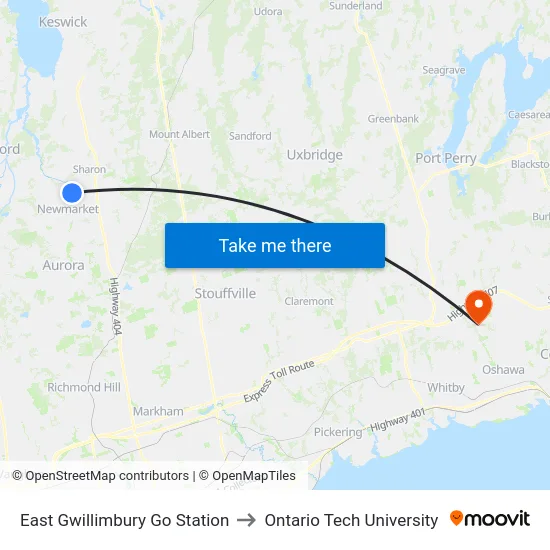 East Gwillimbury Go Station to Ontario Tech University map