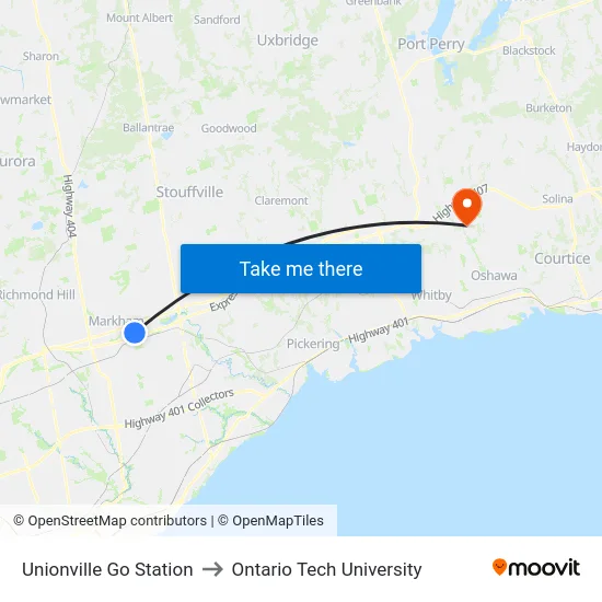 Unionville Go Station to Ontario Tech University map