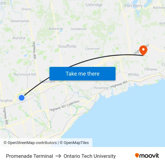 Promenade Terminal to Ontario Tech University map