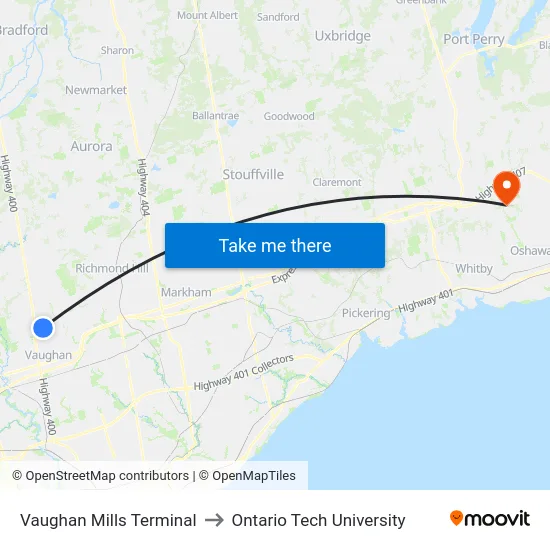 Vaughan Mills Terminal to Ontario Tech University map