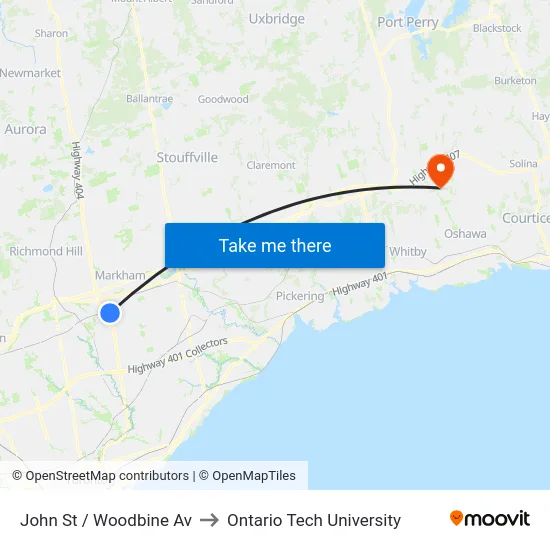 John St / Woodbine Av to Ontario Tech University map
