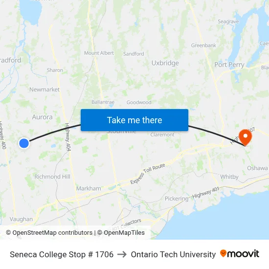 Seneca College Stop # 1706 to Ontario Tech University map