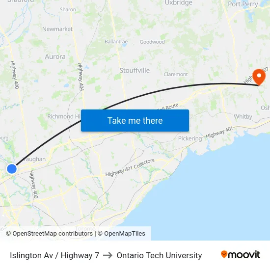 Islington Av / Highway 7 to Ontario Tech University map