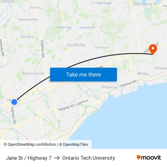 Jane St / Highway 7 to Ontario Tech University map