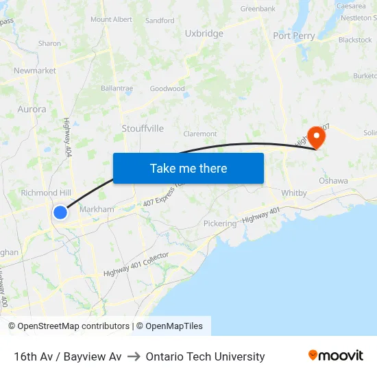 16th Av / Bayview Av to Ontario Tech University map