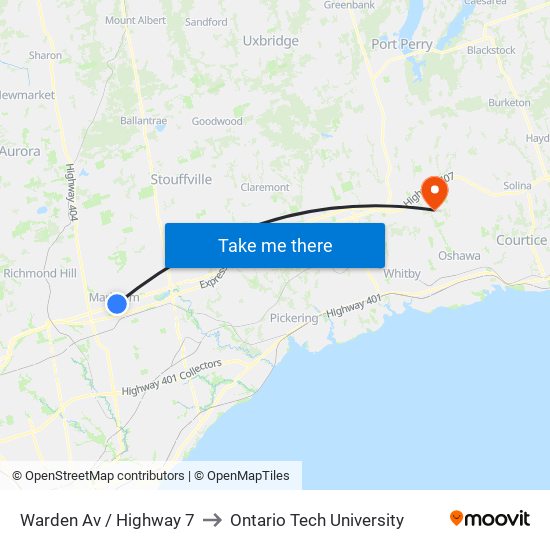 Warden Av / Highway 7 to Ontario Tech University map