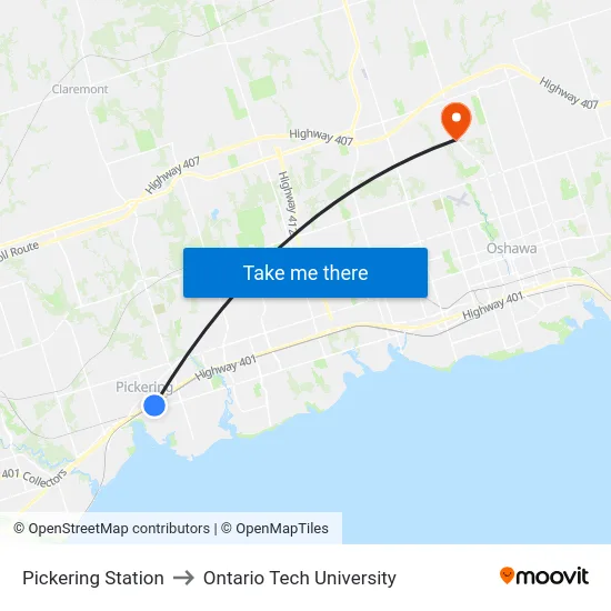 Pickering Station to Ontario Tech University map