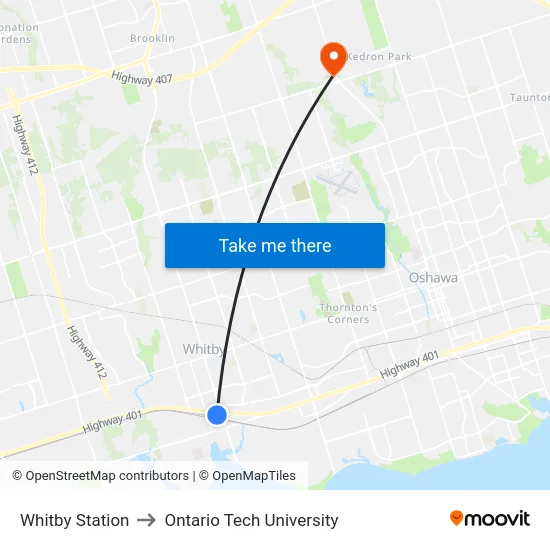 Whitby Station to Ontario Tech University map