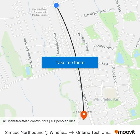 Simcoe Northbound @ Windfields Farm to Ontario Tech University map