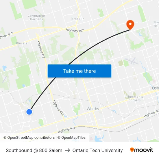 Southbound @ 800 Salem to Ontario Tech University map