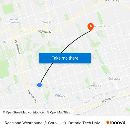 Rossland Westbound @ Coronation to Ontario Tech University map