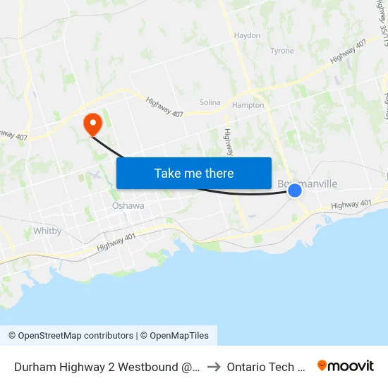 Durham Highway 2 Westbound @ Bowmanville Ave to Ontario Tech University map