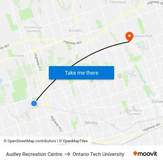 Audley Recreation Centre to Ontario Tech University map