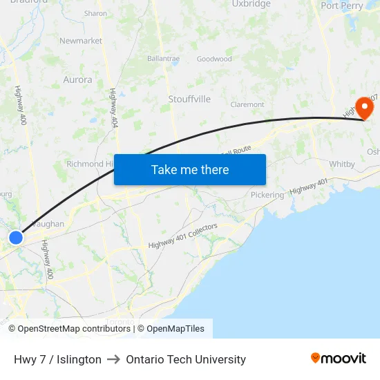 Hwy 7 / Islington to Ontario Tech University map