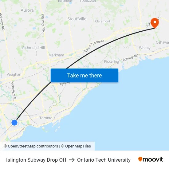 Islington Subway Drop Off to Ontario Tech University map