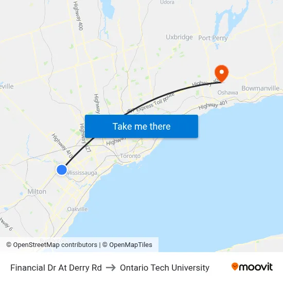 Financial Dr At Derry Rd to Ontario Tech University map