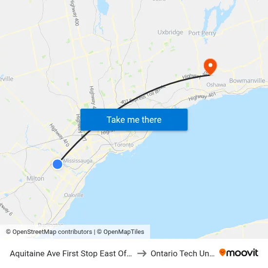 Aquitaine Ave First Stop East Of Glen Erin Dr to Ontario Tech University map