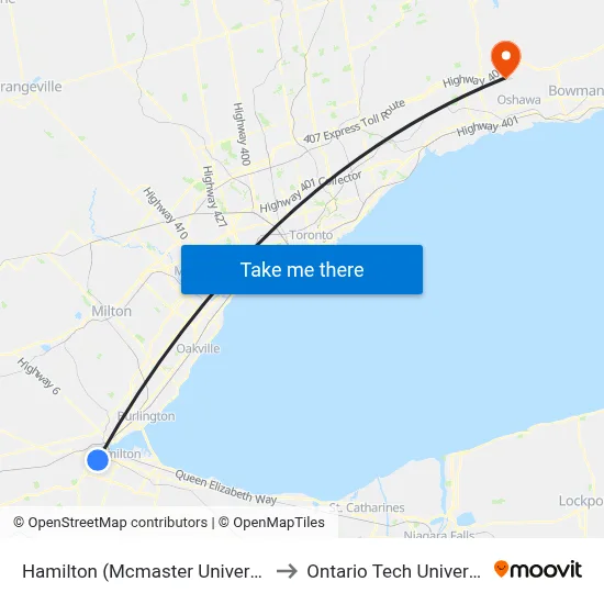 Hamilton (Mcmaster University) to Ontario Tech University map