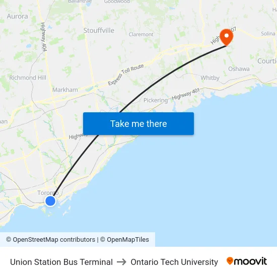 Union Station Bus Terminal to Ontario Tech University map