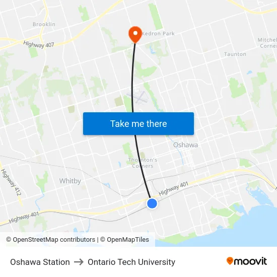 Oshawa Station to Ontario Tech University map