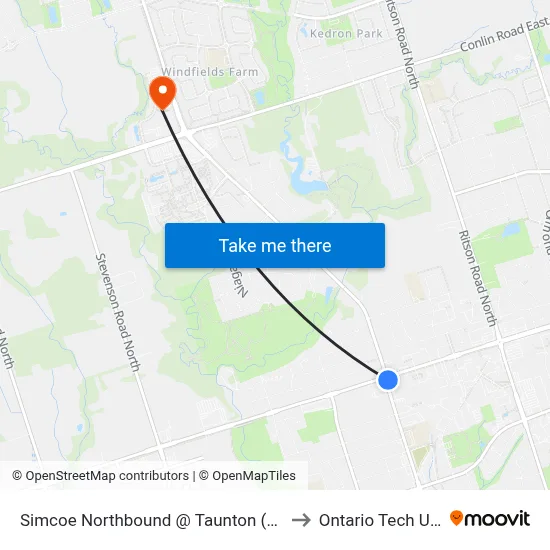 Simcoe Northbound @ Taunton (South Side Stop) to Ontario Tech University map