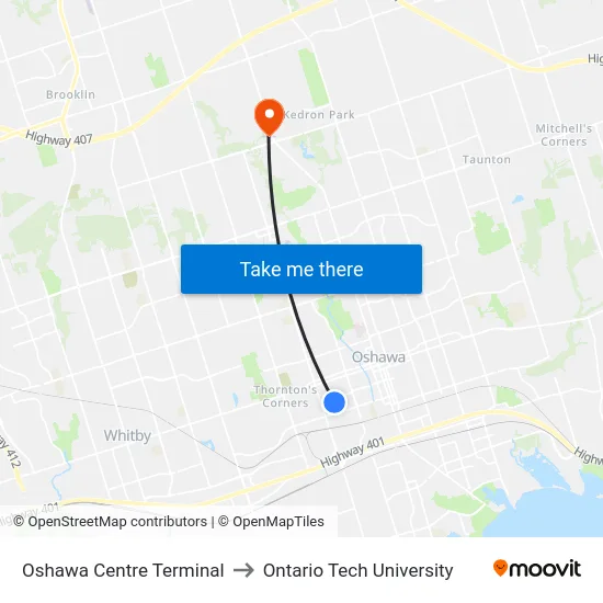 Oshawa Centre Terminal to Ontario Tech University map