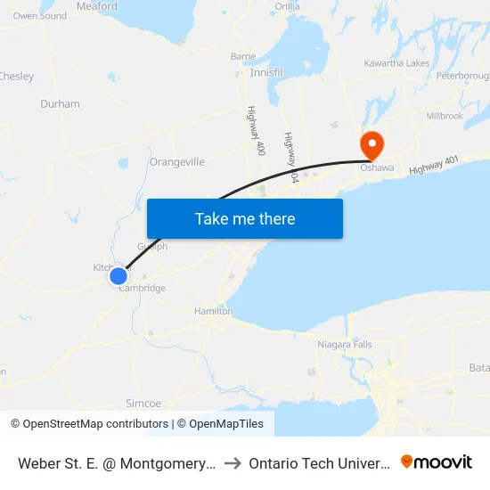 Weber St. E. @ Montgomery Rd. to Ontario Tech University map