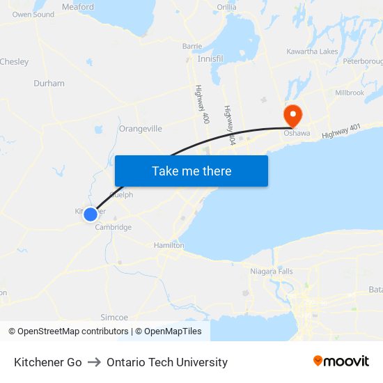 Kitchener Go to Ontario Tech University map