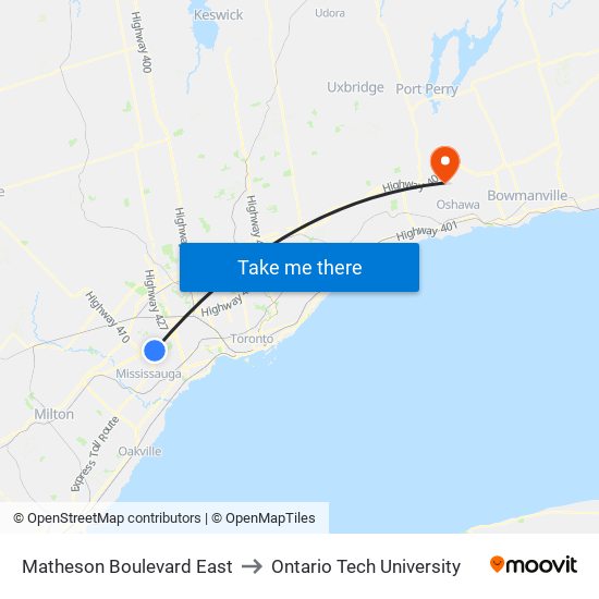 Matheson Boulevard East to Ontario Tech University map