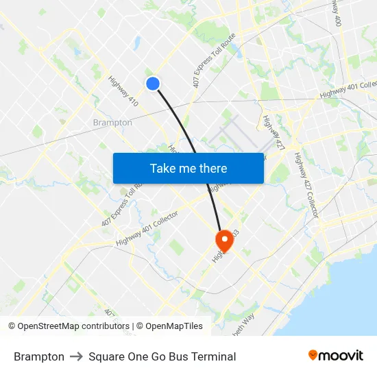 Brampton to Square One Go Bus Terminal map