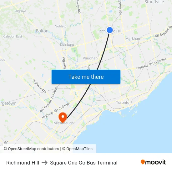 Richmond Hill to Square One Go Bus Terminal map