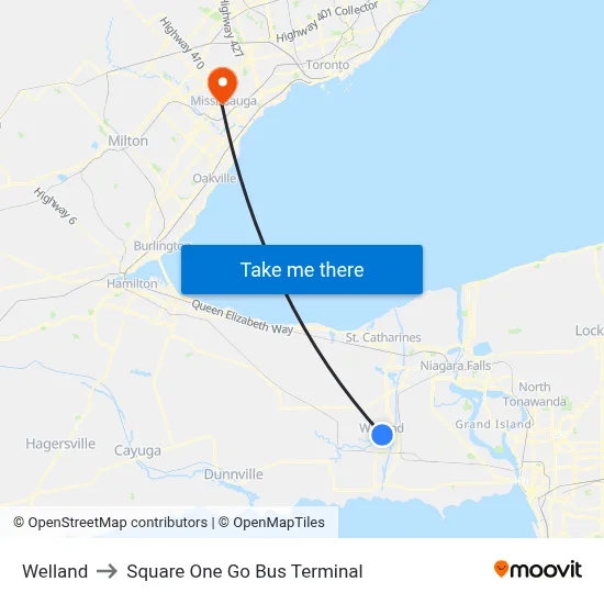 Welland to Square One Go Bus Terminal map