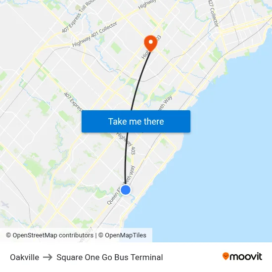 Oakville to Square One Go Bus Terminal map