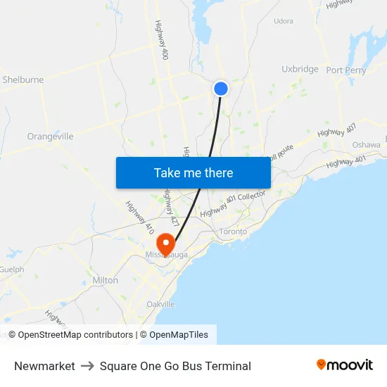 Newmarket to Square One Go Bus Terminal map