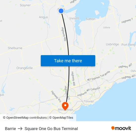 Barrie to Square One Go Bus Terminal map