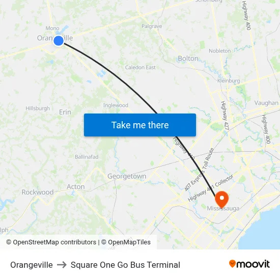Orangeville to Square One Go Bus Terminal map