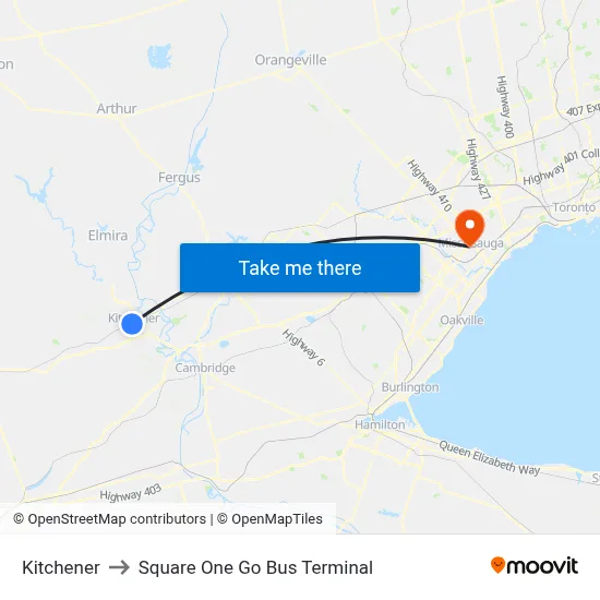 Kitchener to Square One Go Bus Terminal map