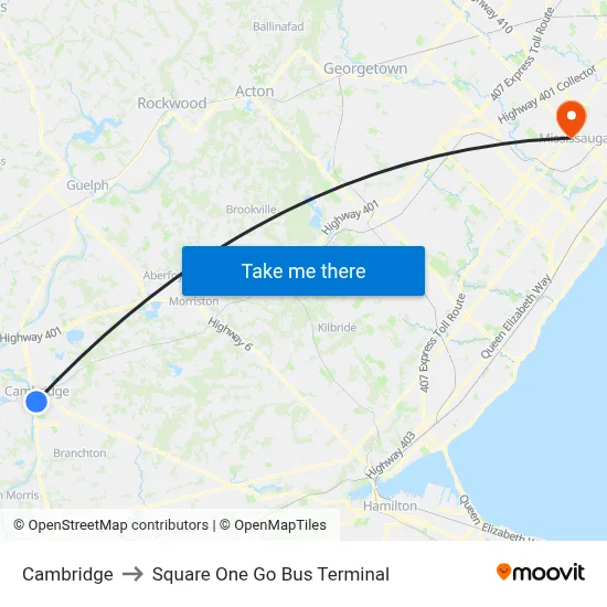 Cambridge to Square One Go Bus Terminal map