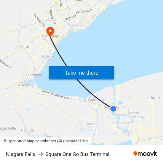 Niagara Falls to Square One Go Bus Terminal map