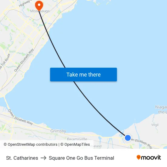 St. Catharines to Square One Go Bus Terminal map