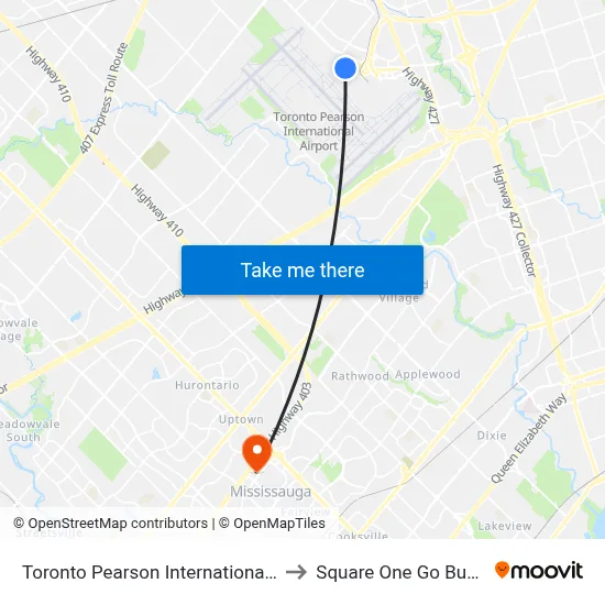 Toronto Pearson International Airport (Yyz) to Square One Go Bus Terminal map