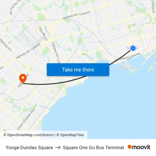 Yonge-Dundas Square to Square One Go Bus Terminal map
