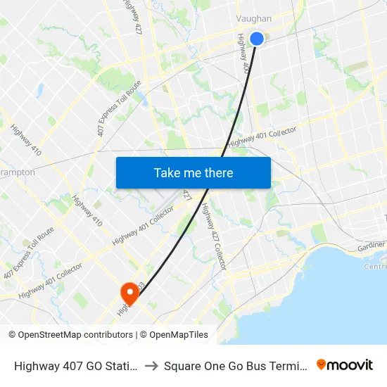 Highway 407 GO Station to Square One Go Bus Terminal map