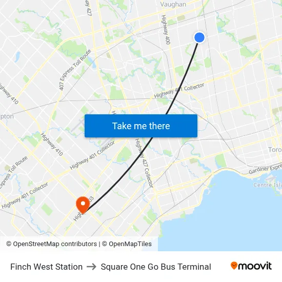 Finch West Station to Square One Go Bus Terminal map